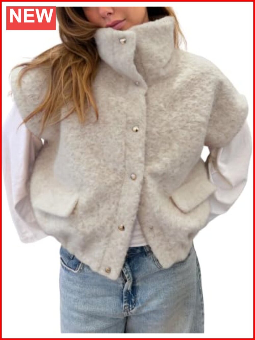 Oversized Fleece Bomber Vest Cap Sleeve Funnel Neck Snap Button Pockets